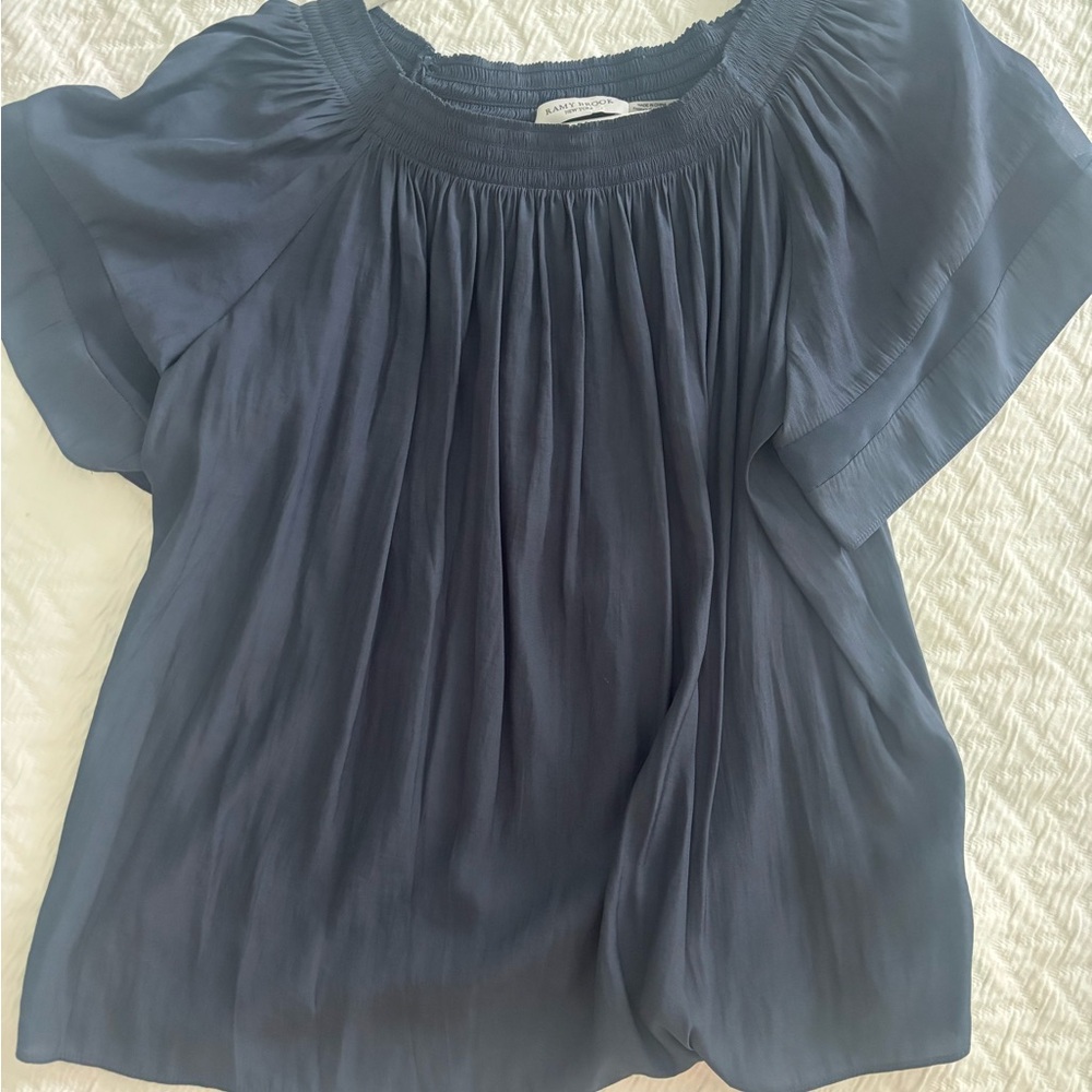 Ramy Brook Blue Pleated Puff Sleeve Top